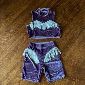 Lavender velvet mock turtle neck crop top & biker shorts set. XS.